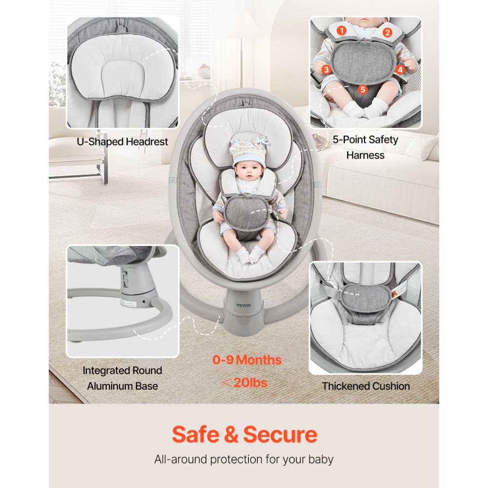 VEVOR Baby Swing, 5-Speed Baby Bouncer, Portable Baby Swing with Remote Control, Touch Panel, Bluetooth Music, 10 Songs & 5-Point Safety Harness for Children Aged 0-9 Months up to 9 kg