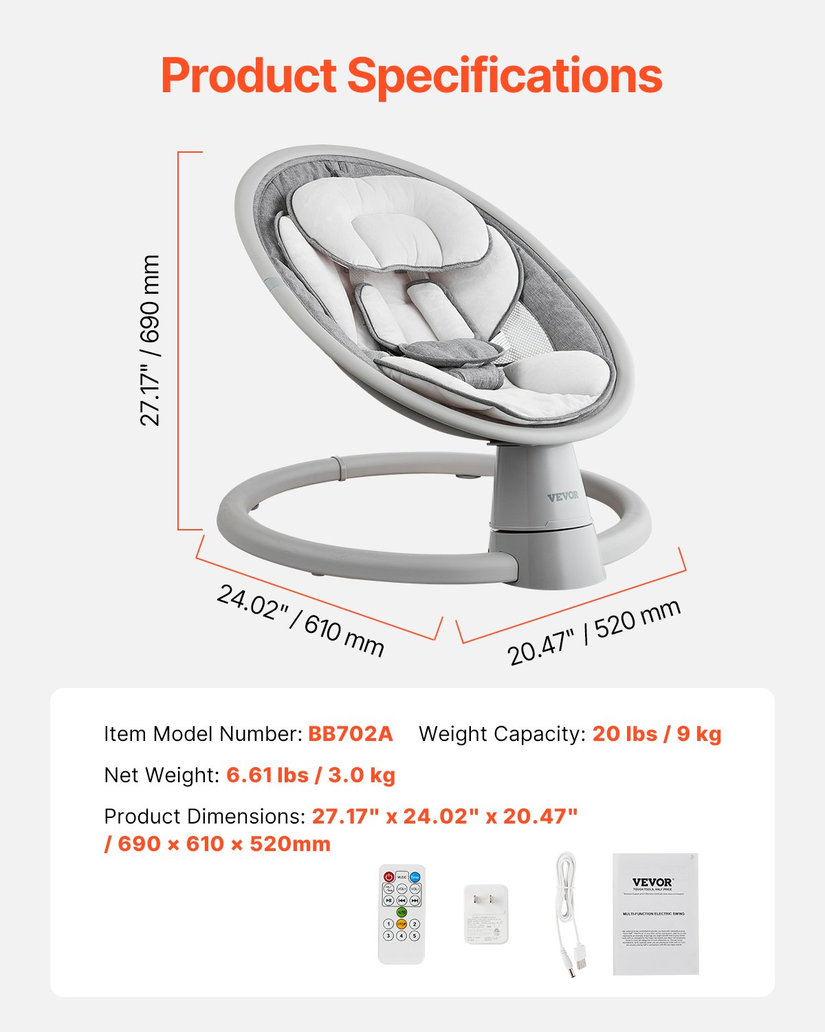 VEVOR Baby Swing, 5-Speed Baby Bouncer, Portable Baby Swing with Remote Control, Touch Panel, Bluetooth Music, 10 Songs & 5-Point Safety Harness for Children Aged 0-9 Months up to 9 kg