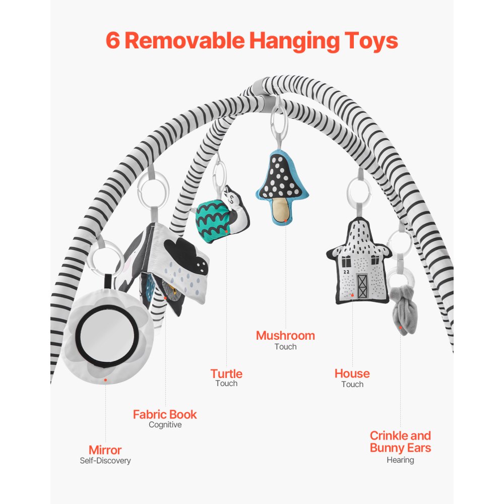 VEVOR Tappetino da Gioco per Bambini, Tappetino per il Tempo sulla Pancia con 6 Giocattoli Sensoriali Staccabili, 1060 x 1060 mm, Tappetino Pieghevoli per Attività per Neonati Giocattoli