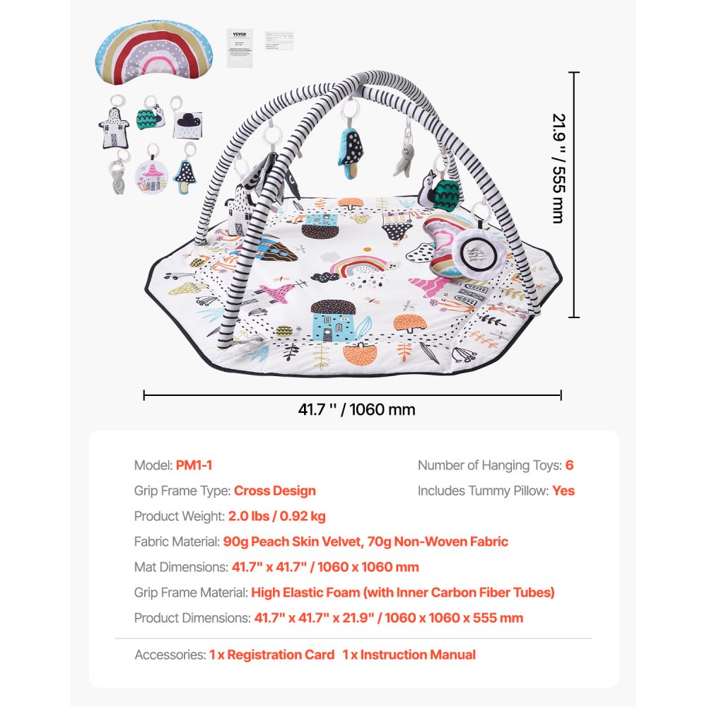VEVOR Tappetino da Gioco per Bambini, Tappetino per il Tempo sulla Pancia con 6 Giocattoli Sensoriali Staccabili, 1060 x 1060 mm, Tappetino Pieghevoli per Attività per Neonati Giocattoli