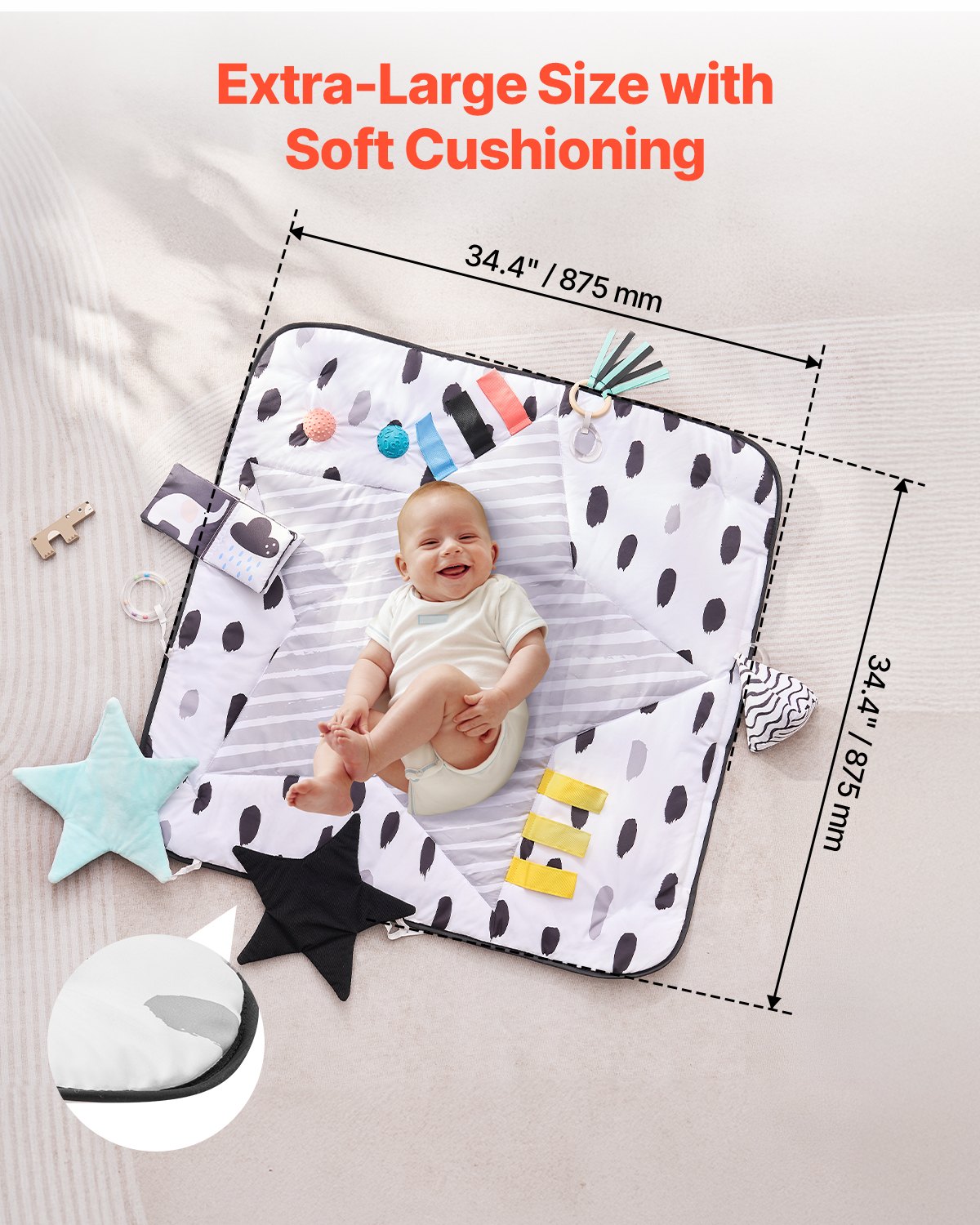 VEVOR Play Mat 875x875x440 mm, Activity Mat with 6 Sensory Toys, 2 Touch Balls & Soft Fabric for Developing Sensory & Motor Skills, for Children 0-18 Months
