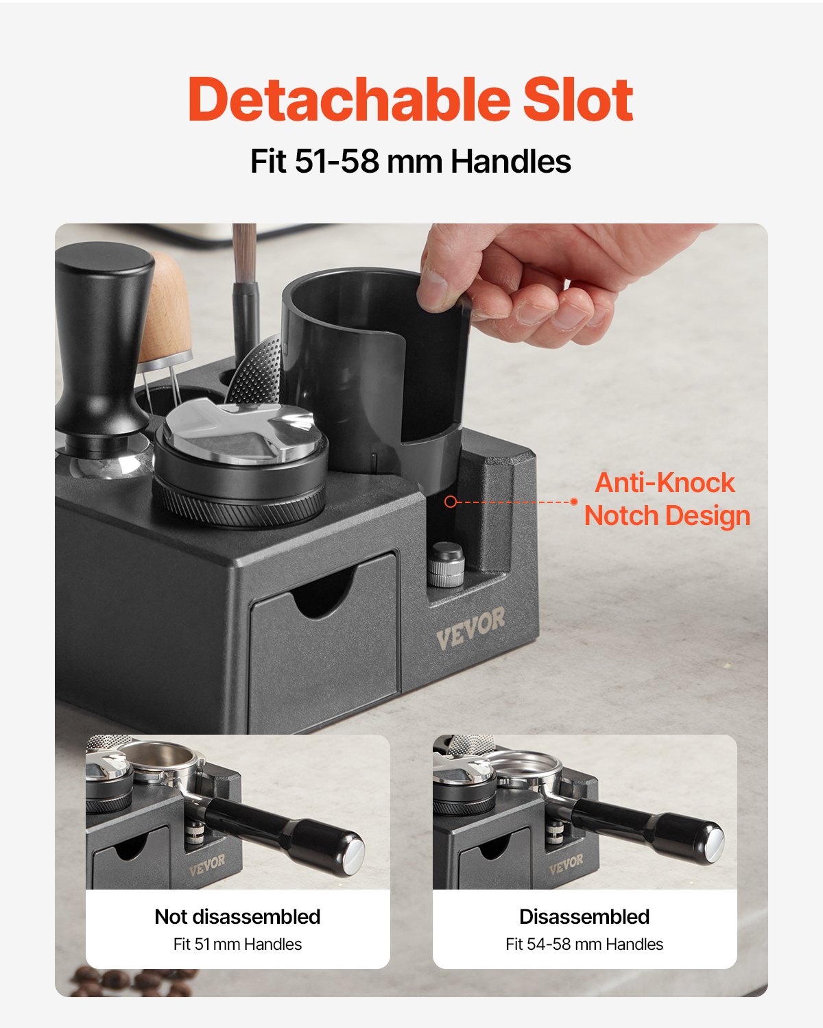 VEVOR Stazione di Pressatura per Caffè Espresso, Materiale ABS, Pressino per Espresso Manuale con Fessura Staccabile, Scatola di Battitura per Caffè Espresso con Base Antiscivolo, per Manici 51-58 mm