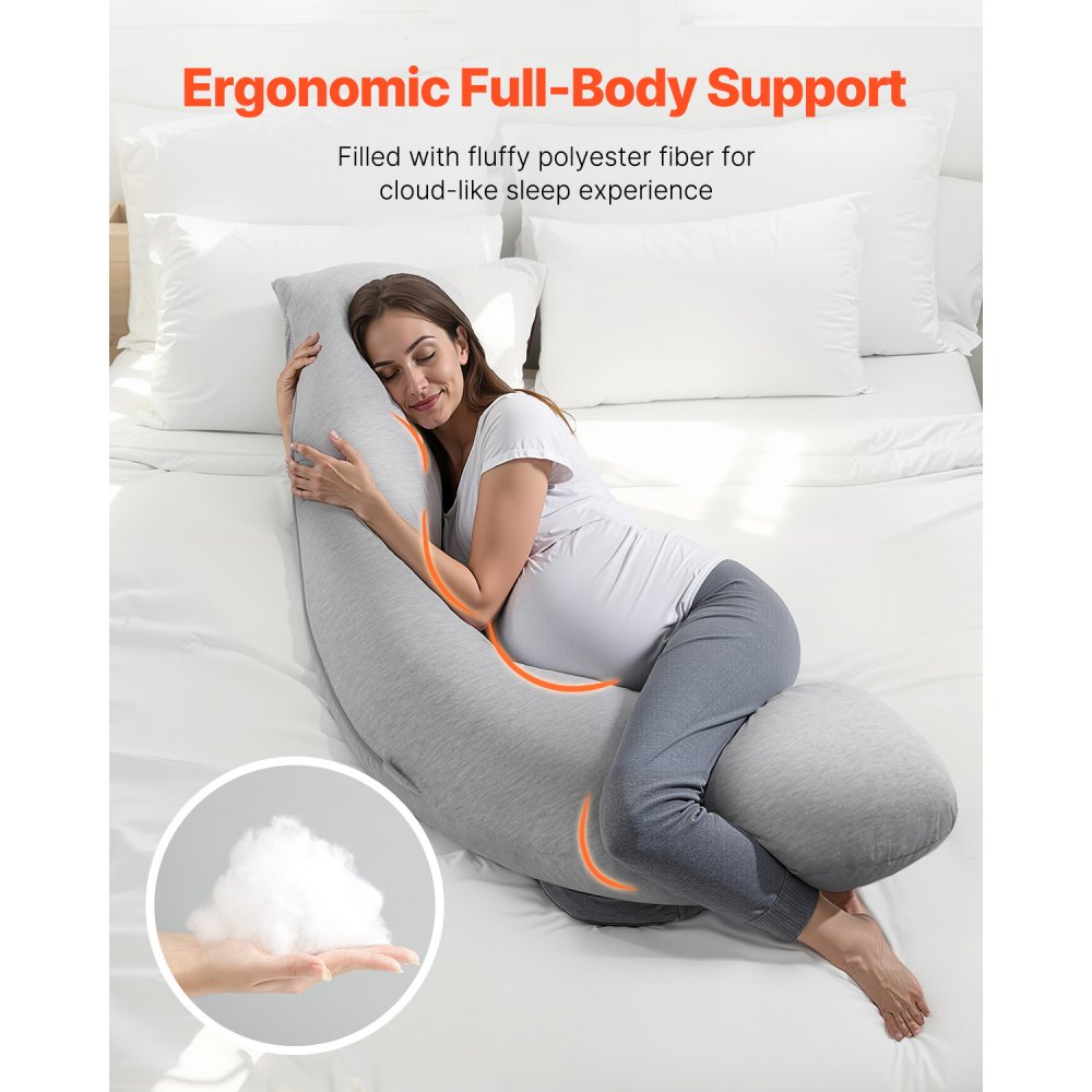 VEVOR Pregnancy Pillow 118x61x20 cm, L-shaped nursing pillow for pregnant women, side sleeper pillow with washable jersey cover to support head, neck, belly and legs, light gray