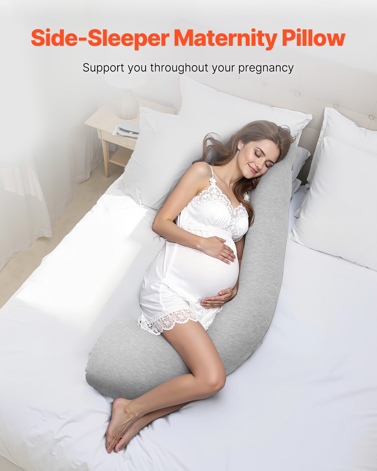 VEVOR Pregnancy Pillow 118x61x20 cm, L-shaped nursing pillow for pregnant women, side sleeper pillow with washable jersey cover to support head, neck, belly and legs, light gray