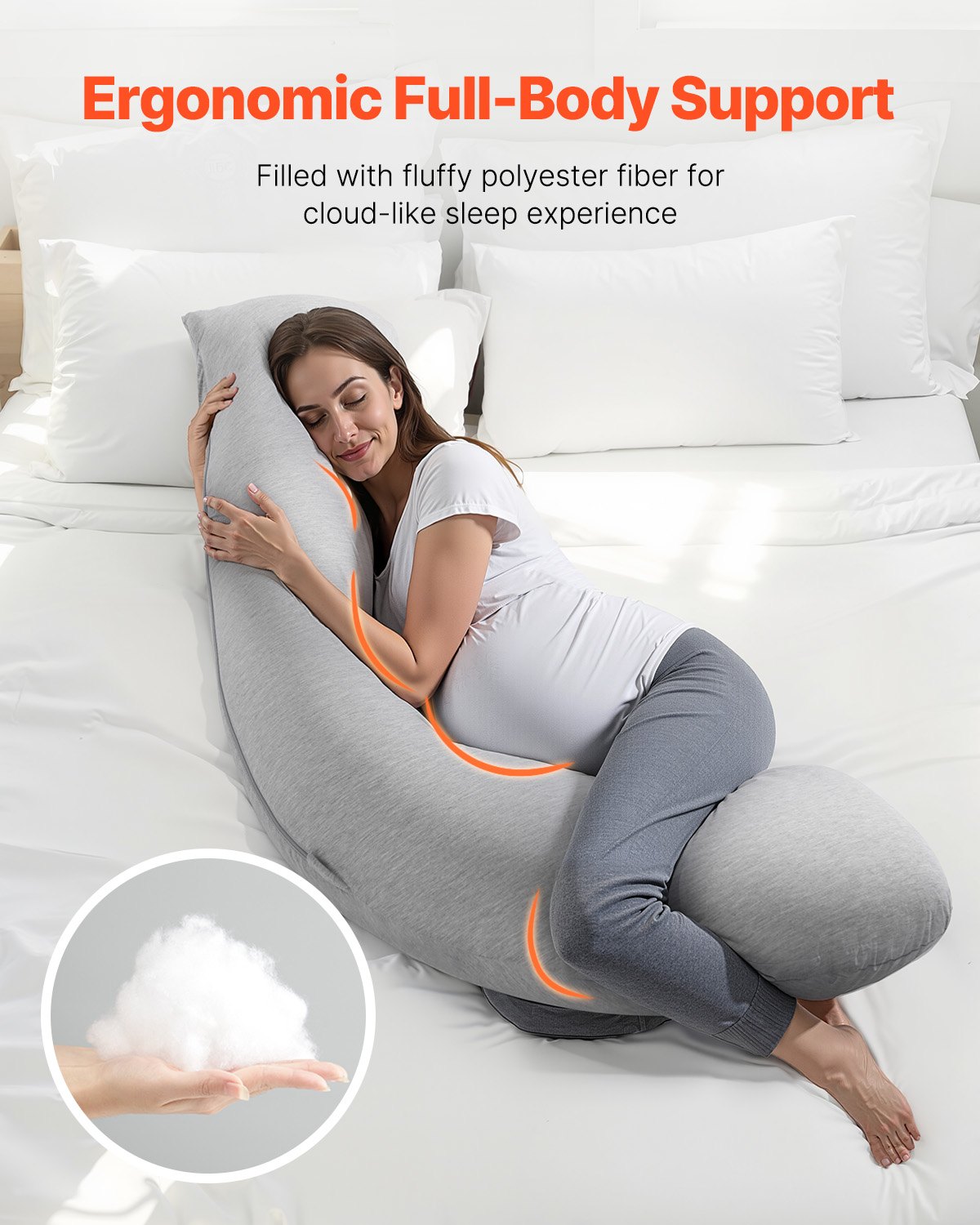 VEVOR Pregnancy Pillow 118x61x20 cm, L-shaped nursing pillow for pregnant women, side sleeper pillow with washable jersey cover to support head, neck, belly and legs, light gray
