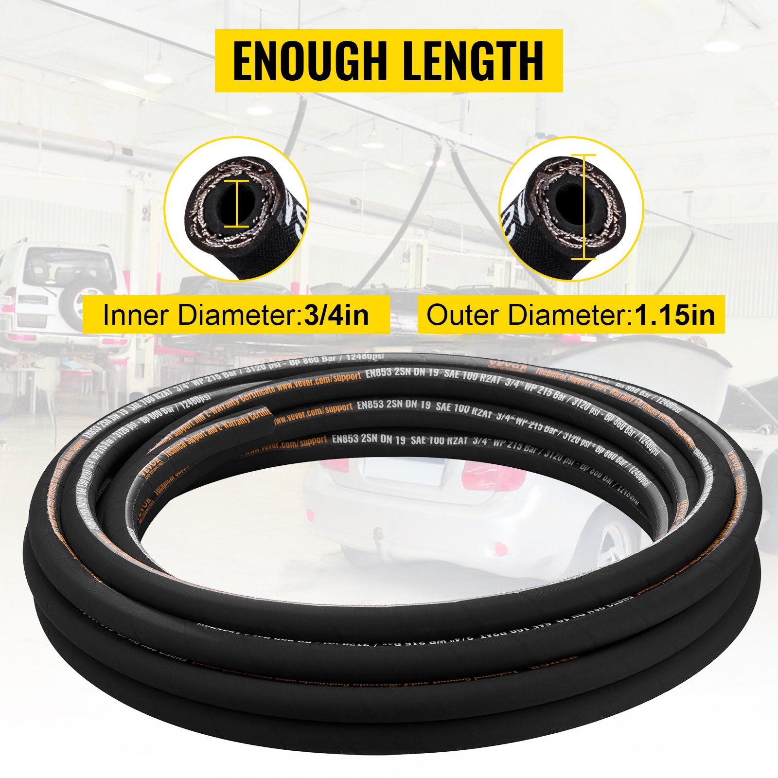 VEVOR Tubo idraulico 3/4 pollici x 50 piedi, Tubo idraulico a spirale 3120 PSI, Tubo idraulico in gomma con 2 trecce in filo di acciaio ad alta resistenza, Tubo idraulico sfuso da -20 ℃ a 140 ℃