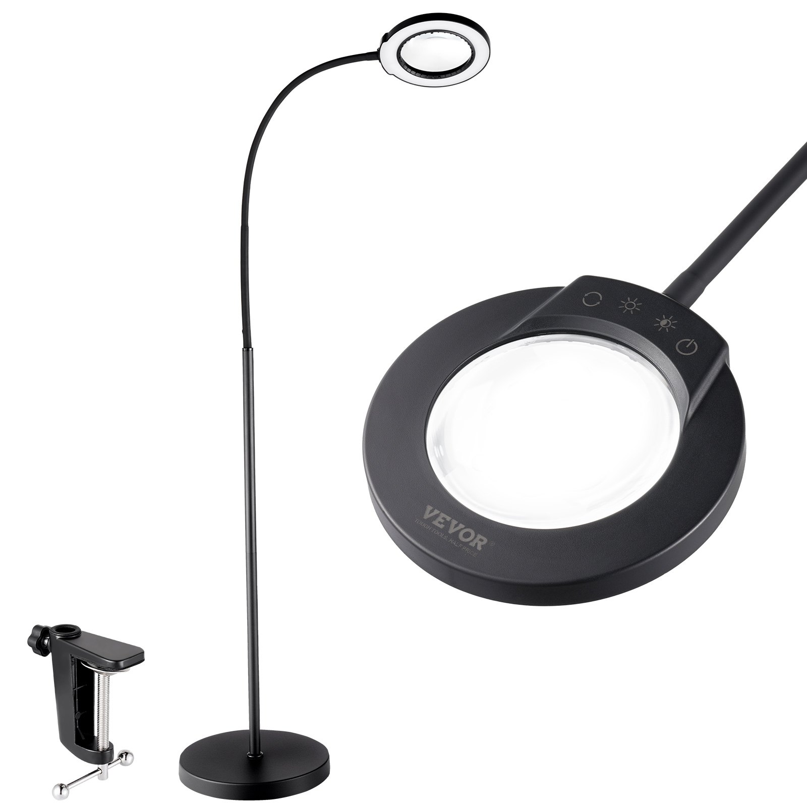 VEVOR Lampada da Terra con Ingrandimento con Luce, Lente d'Ingrandimento da Terra 5X, Collo d'Oca Flessibile, Regolabile Altezza, LED 3 in 1, 5 Modalità di Colore, Dimmerabile in Continuo, per Lettura