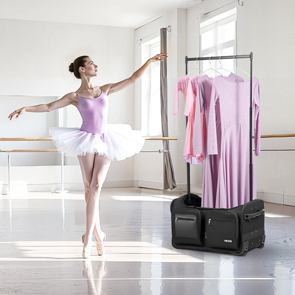 VEVOR Borsa per Costumi da Ballo con Ruote da 584,2 mm Borsone da Ballo con Porta USB, Porta Abiti Regolabile in Altezza, Ideale per Viaggi e Gare, Costruzione Durevole, Nero Opaco