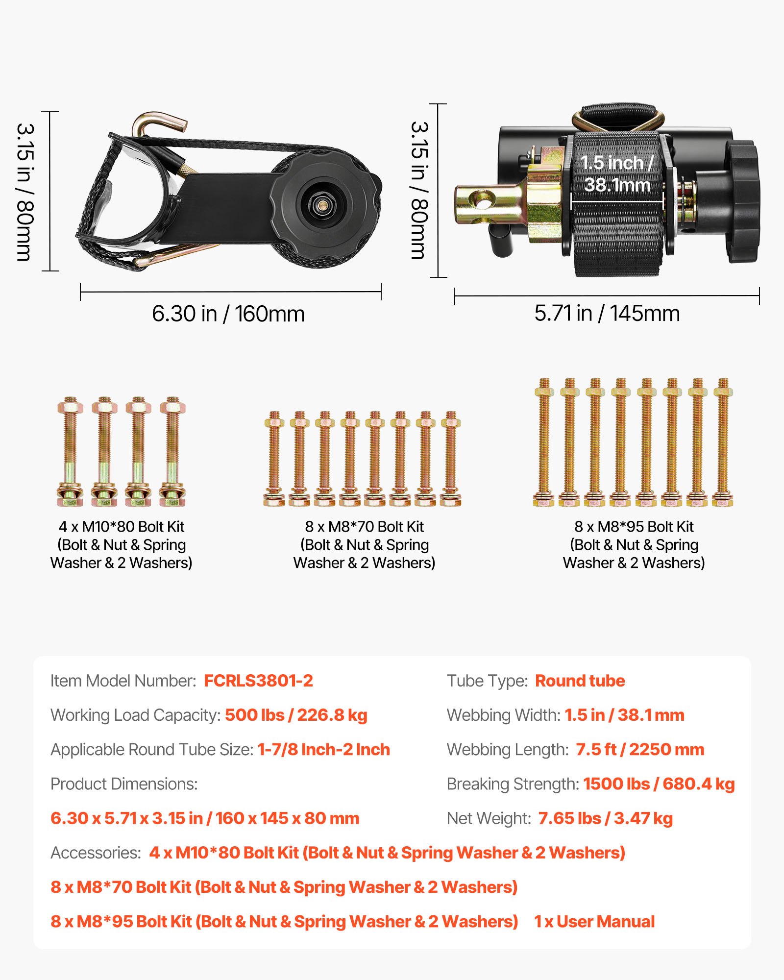 VEVOR Cinghie a Cricchetto per Retrattili Confezione da 2 Montaggio su Tubo Tondo Nero, Larghezza 38 mm x Lunghezza 2,25 m, Cinghie Nere per Fissaggio con Doppi Ganci a J, Carico 226,8 kg