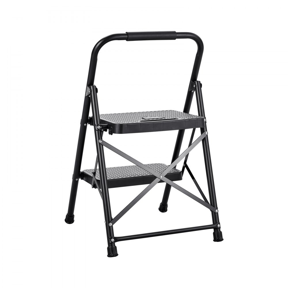 VEVOR Scala Pieghevole per Uso Domestico con 2 Gradini, con Ampio Pedale Antiscivolo e Comoda Impugnatura, Scala in Acciaio Portatile Leggera con Capacità di 272 kg, Multiuso per Cucina, Casa, Nero