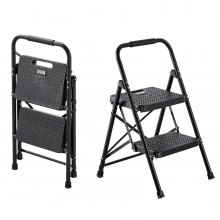 VEVOR Scala Pieghevole per Uso Domestico con 2 Gradini, con Ampio Pedale Antiscivolo e Comoda Impugnatura, Scala in Acciaio Portatile Leggera con Capacità di 272 kg, Multiuso per Cucina, Casa, Nero