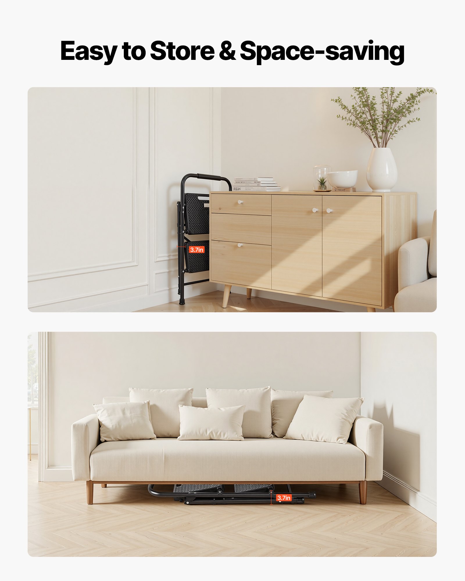 VEVOR Scala Pieghevole per Uso Domestico con 2 Gradini, con Ampio Pedale Antiscivolo e Comoda Impugnatura, Scala in Acciaio Portatile Leggera con Capacità di 272 kg, Multiuso per Cucina, Casa, Nero