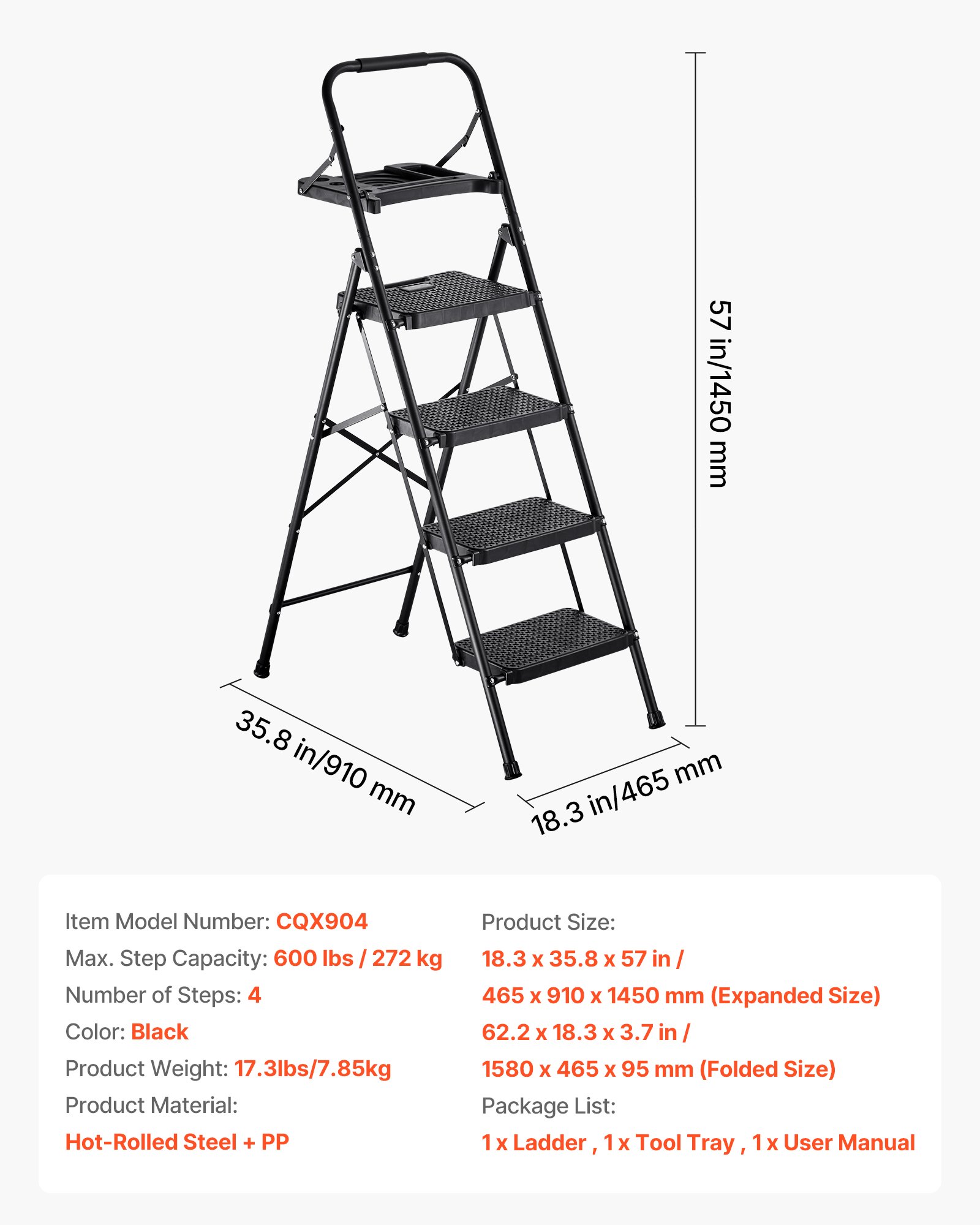 VEVOR Scaletta Pieghevole Salvaspazio con 4 Gradini con Ampio Pedale Antiscivolo, Impugnatura Comoda, Scala Portatile in Acciaio con Capacità di 272 kg, Multiuso per Cucina, Casa, Casa e Ufficio
