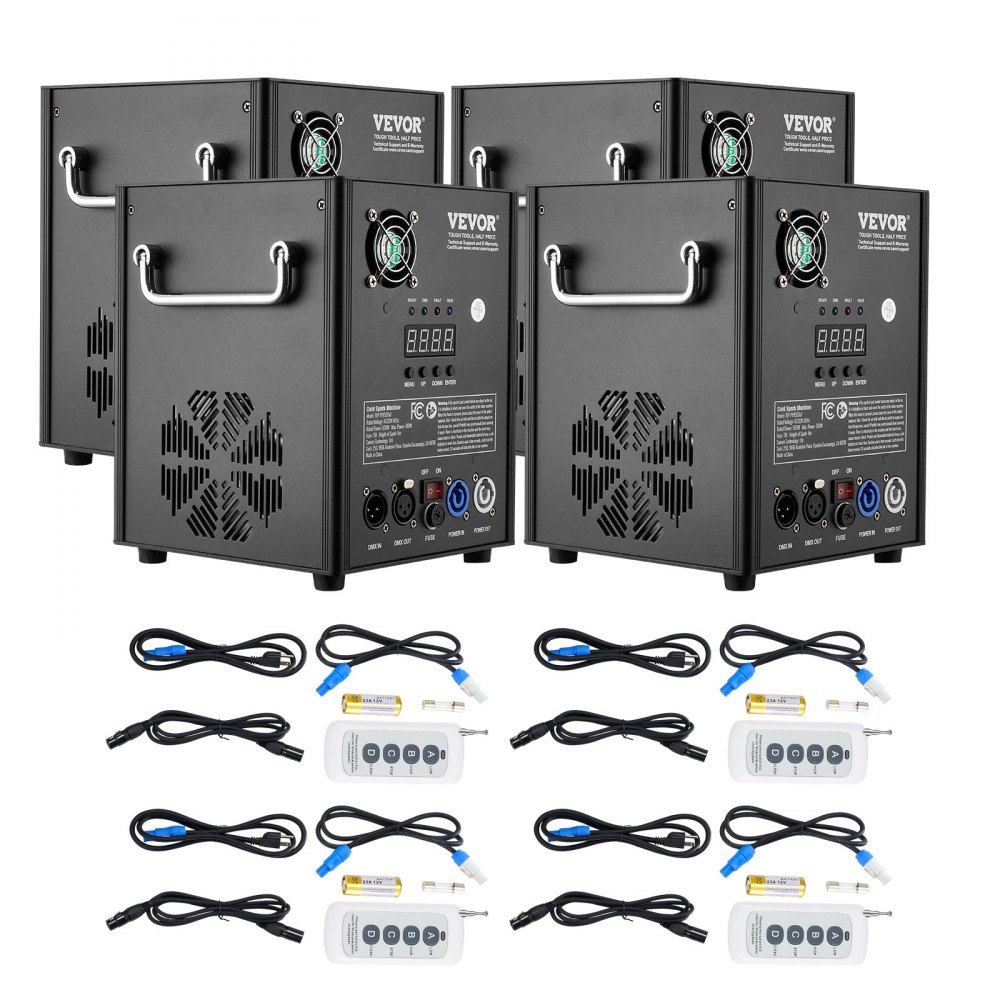 VEVOR 4x Spark Machine 500W Pyrotechnic Machine Aluminum Alloy Fireworks Machine DMX Controller Adjustable 2-4m Cold Spark Machine 7 min per reload Ideal for weddings, DJ shows, parties