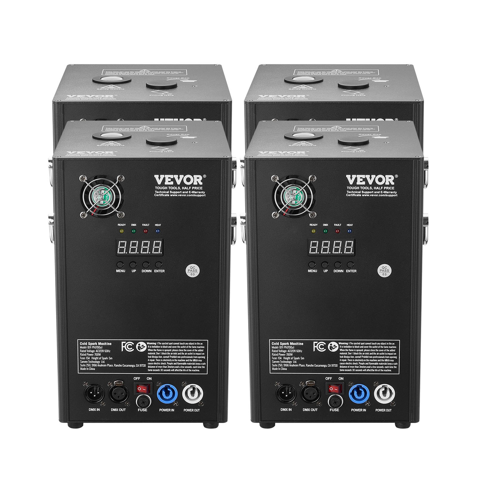 VEVOR 4x Spark Machine 700W Pyrotechnic Machine Aluminum Alloy Fireworks Machine DMX Controller Adjustable 2-5m Cold Spark Machine 7 min per reload Ideal for Weddings, DJ Shows, Parties