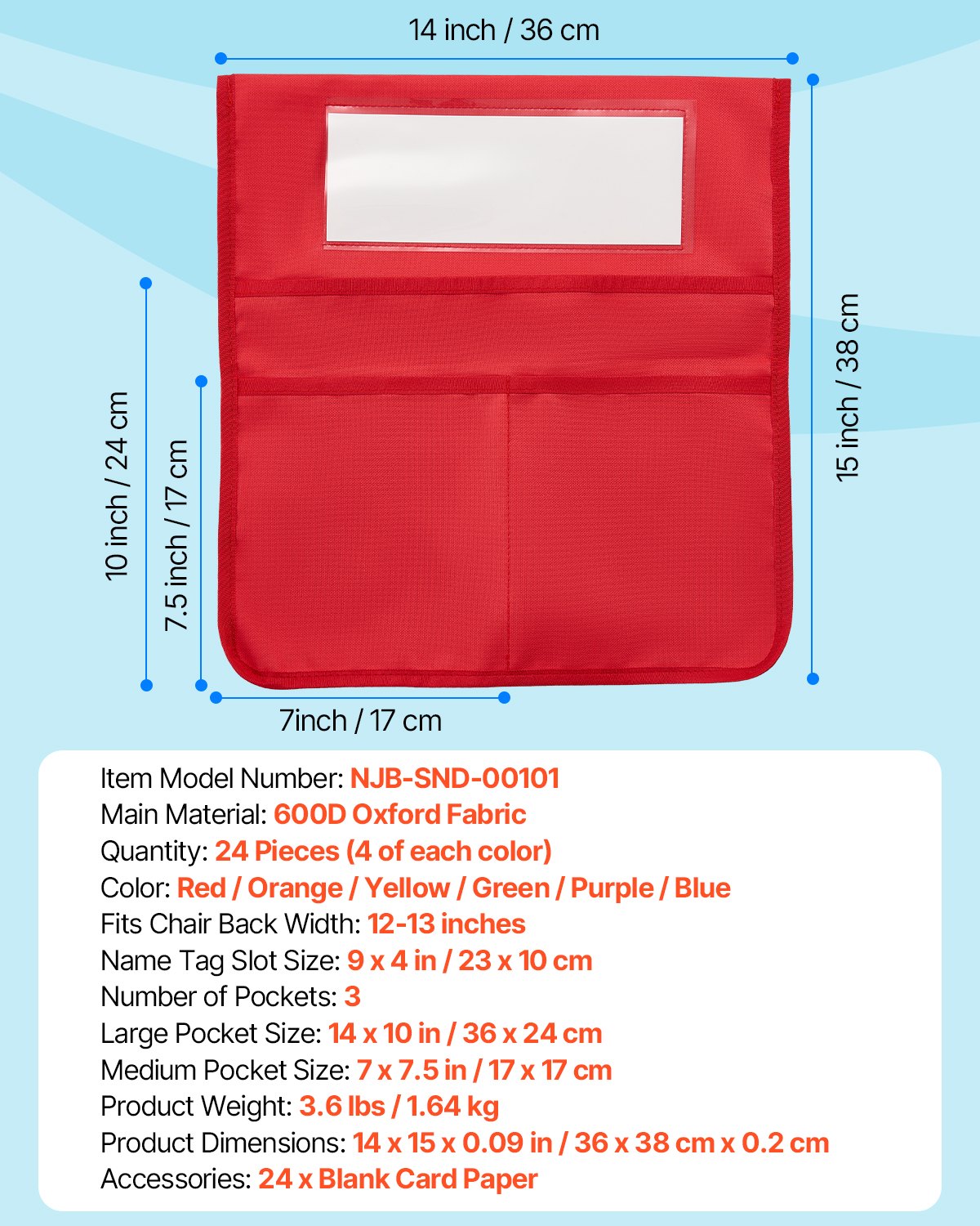 VEVOR Classroom Chair Bag, 24-Pack, 36x38 cm Backrest Bag with Name Tag, 6 Colors, Chair Back Organizer for Children in the Classroom, Kindergarten, School & at Home