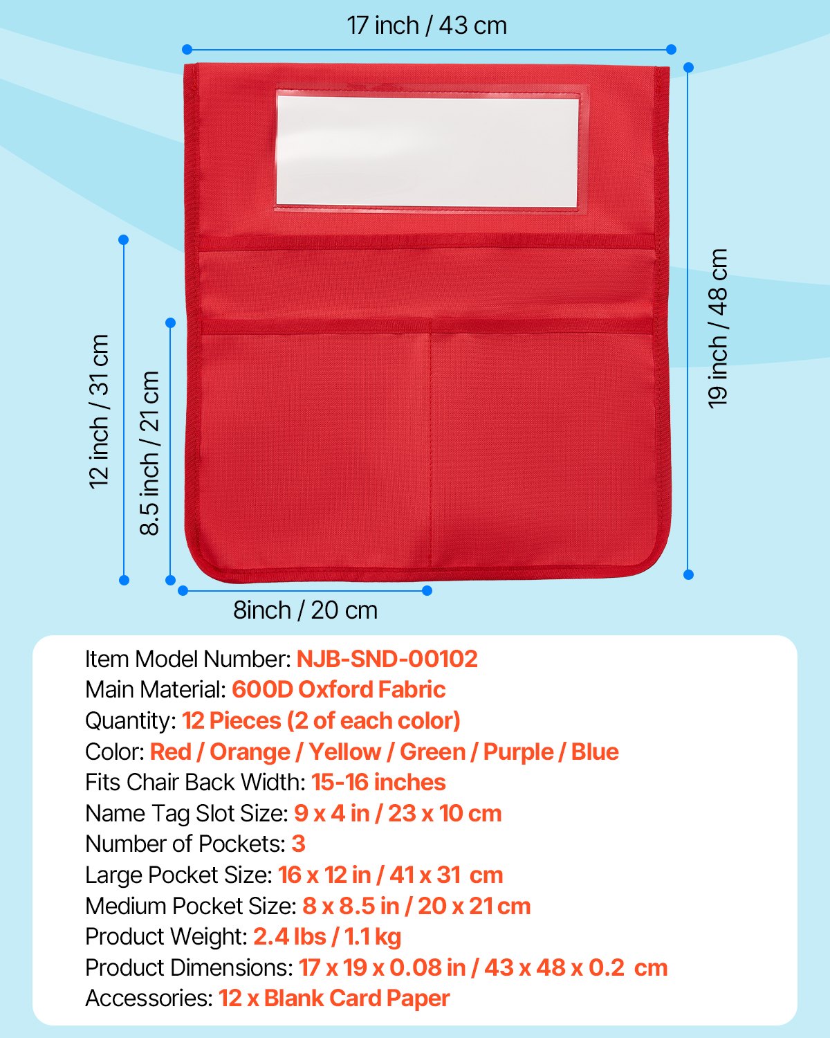 VEVOR Tasche Portaoggetti per Sedia per Aula, 433 x 481 mm Confezione da 12, Tasca Portaoggetti per Schienale Sedia con Targhetta Identificativa, 6 Colori Vivaci, per Classe, Asilo, Scuola e Casa