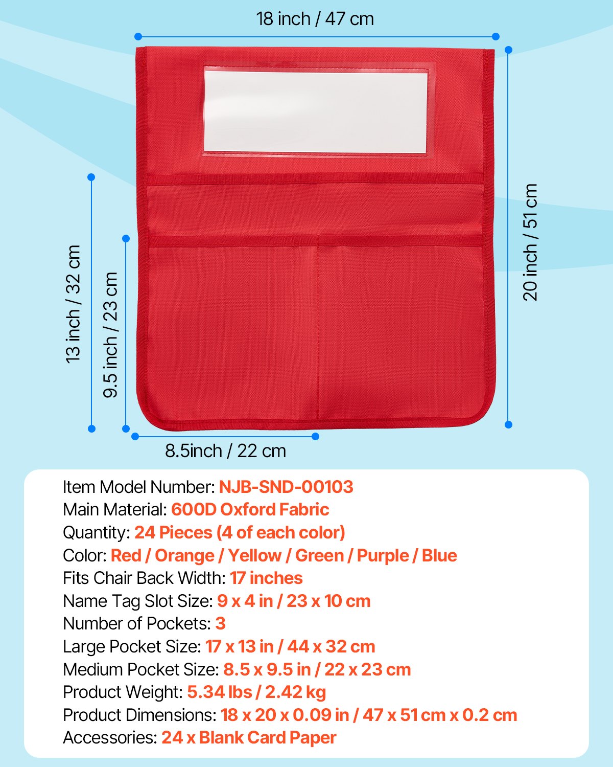 VEVOR Classroom Chair Bag, 24-Pack, 47x51 cm, Backrest Bag with Name Tag, 6 Colors, Chair Back Organizer for Children in the Classroom, Kindergarten, School and at Home