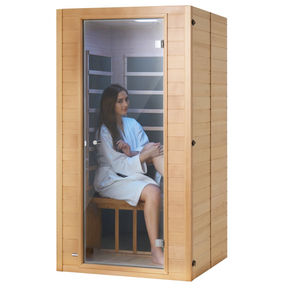 VEVOR Sauna in Legno a Infrarossi Lontani, Sauna da Casa, SPA Capienza per 1 o 2 Persone, Sauna in Legno di Cicuta a Infrarossi Lontani a Basso EMF Porta in Vetro Temperato, Altoparlanti Bluetooth