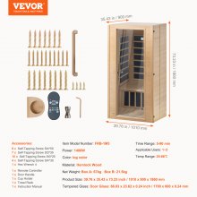 VEVOR Sauna in Legno a Infrarossi Lontani Casa SPA per 1 o 2 Persone 1400 W