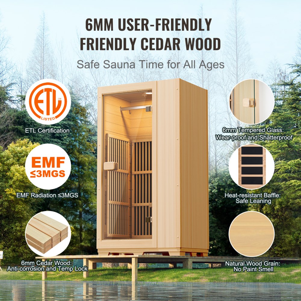 VEVOR Sauna in Legno a Infrarossi Lontani 1140 W Sauna Spa per Casa per Una Persona, Sauna in Legno di Cicuta a Basso EMF a Infrarossi Lontani con Porta in Vetro Temperato, Lampada da Lettura a LED