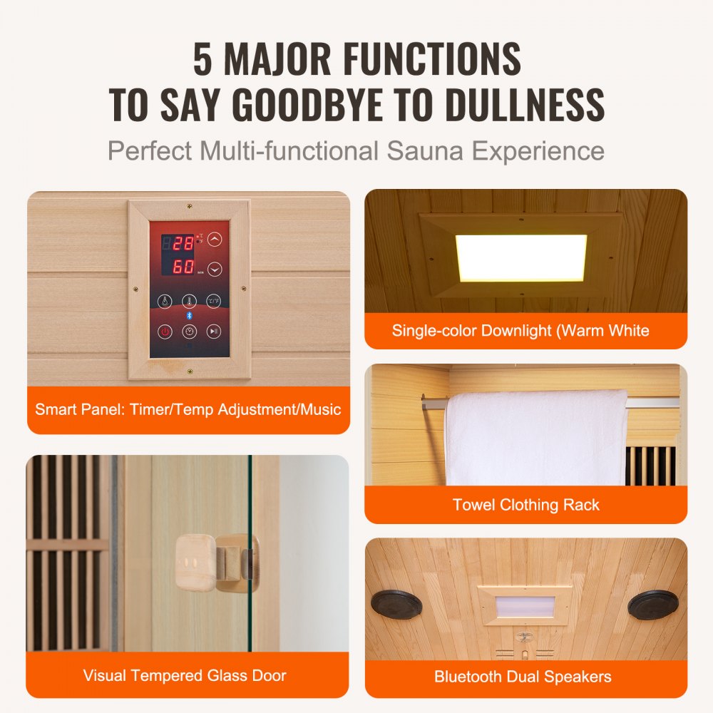 VEVOR Far Infrared Wooden Sauna, Home Sauna Spa for One Person, Low EMF Far Infrared Sauna Made of Hemlock Wood with Tempered Glass Door, LED Reading Lamp & Bluetooth Speaker