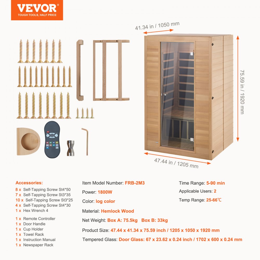 VEVOR Sauna a Infrarossi Lontani per 2 Persone, Cabina Sauna Domestica in Legno di Hemlock a Infrarossi a Basso EMF con Porta in Vetro Temperato, Altoparlanti Bluetooth, Uso Interno, 1800W