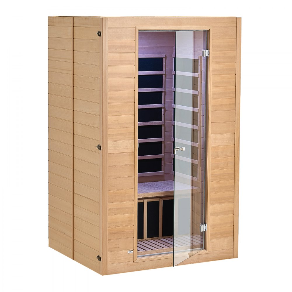 VEVOR Sauna a Infrarossi Lontani per 2 Persone, Cabina Sauna Domestica in Legno di Hemlock a Infrarossi a Basso EMF con Porta in Vetro Temperato, Altoparlanti Bluetooth, Uso Interno, 1800W