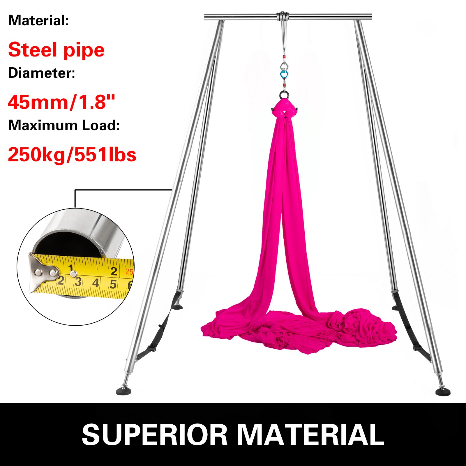 VEVOR Altalena Yoga Supporto Aerial Yoga Frame Supporto per Yoga Portatile Aerea Interno Esterno + Amaca Yoga Colore Rosa 12m
