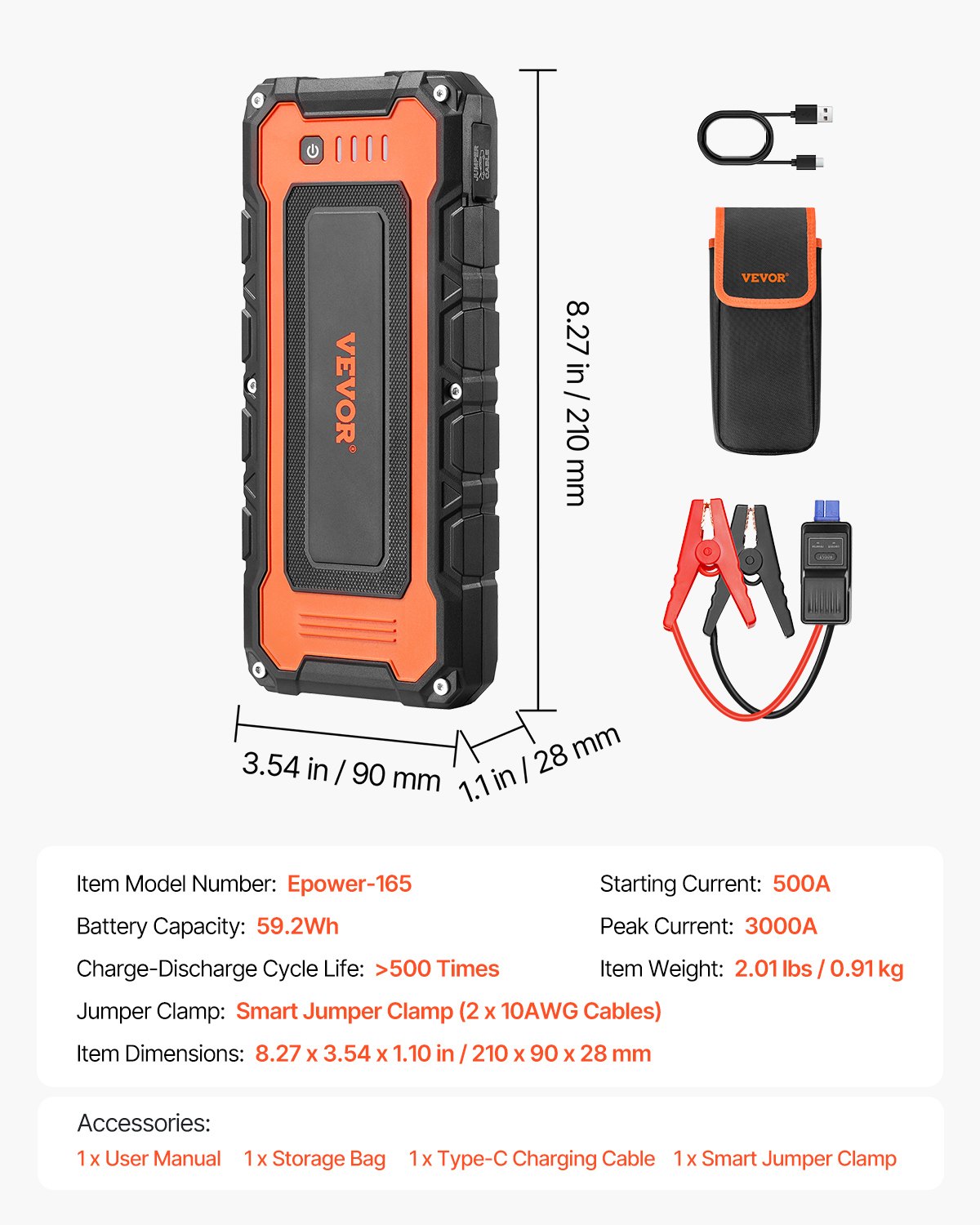 VEVOR Avviatore di Emergenza, Picco da 3000 A Gruppo di Avviamento per Batteria Auto, con Cavi di Avviamento, Luce LED, per Motori a Benzina Fino a 10 L/Diesel 8 L