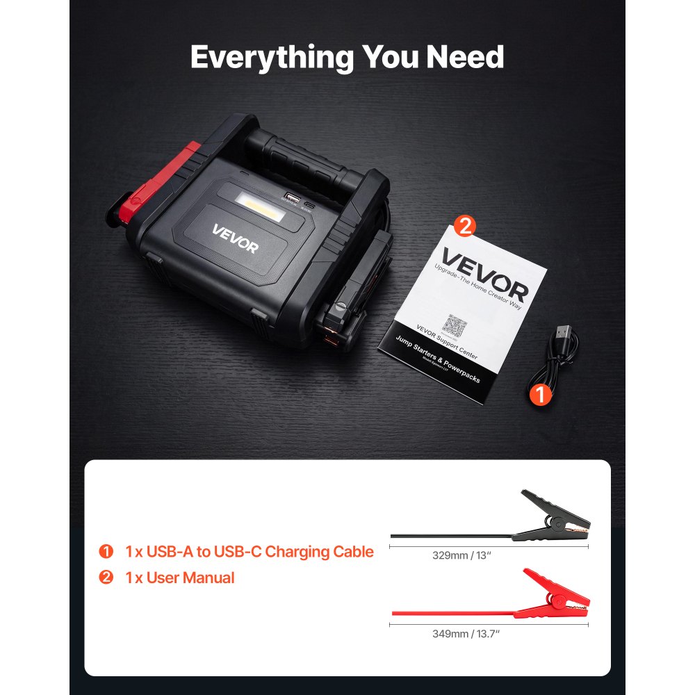 VEVOR Avviatore di Emergenza Compressore d'Aria 6000 A Picco Pacco Batteria Soluzione Alimentazione Portatile, 10,0 Litri a Benzina, 3 Modalità, Spegnimento Automatico, Caricabatterie, con Uscita USB