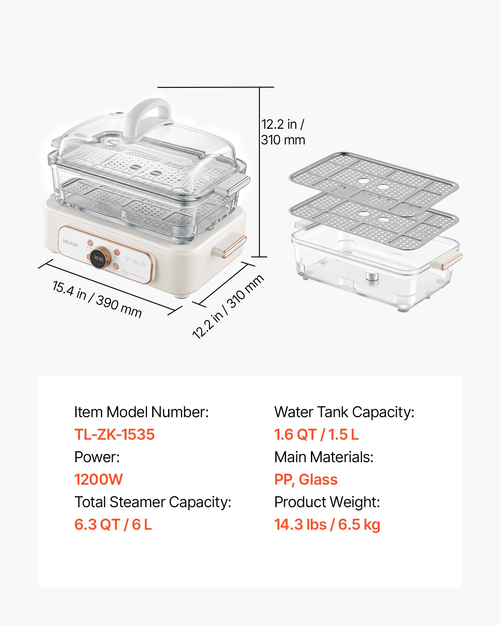 VEVOR Vaporiera Elettrica 6 Litri in Vetro 1200W Verdure Pesce Riso Carne, Cottura a Vapore per Alimenti, Frutti di Mare, Vaporiera con Programmi Preimpostati, 2 Vassoi Acciaio Inox, Colore Bianco