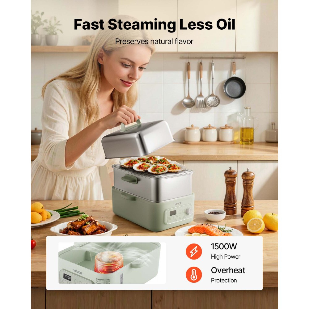 VEVOR Vaporiera Elettrica 2 Ripiano Acciaio Inox 1500W Verdure Pesce Riso, Cottura a Vapore per Alimenti, 9 Programmi Preimpostati 13 Litri, Vaporiera Funzione Mantenimento in Caldo, Colore Verde