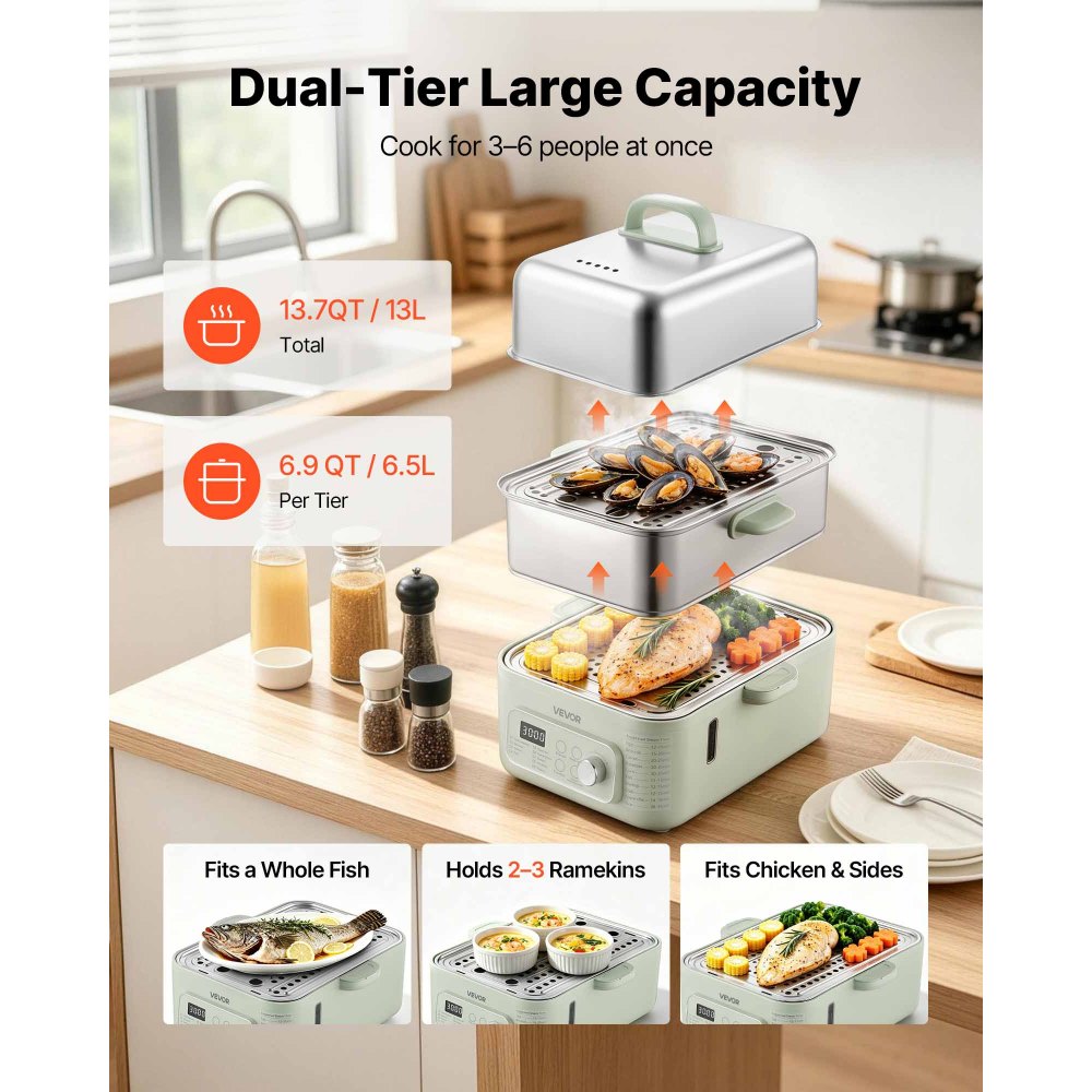 VEVOR Vaporiera Elettrica 2 Ripiano Acciaio Inox 1500W Verdure Pesce Riso, Cottura a Vapore per Alimenti, 9 Programmi Preimpostati 13 Litri, Vaporiera Funzione Mantenimento in Caldo, Colore Verde