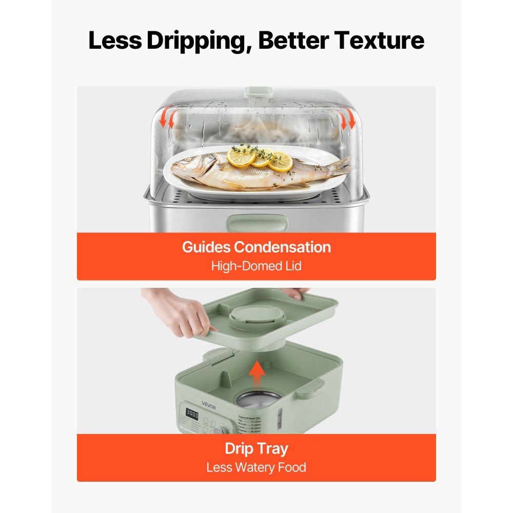 VEVOR Vaporiera Elettrica 2 Ripiano Acciaio Inox 1500W Verdure Pesce Riso, Cottura a Vapore per Alimenti, 9 Programmi Preimpostati 13 Litri, Vaporiera Funzione Mantenimento in Caldo, Colore Verde