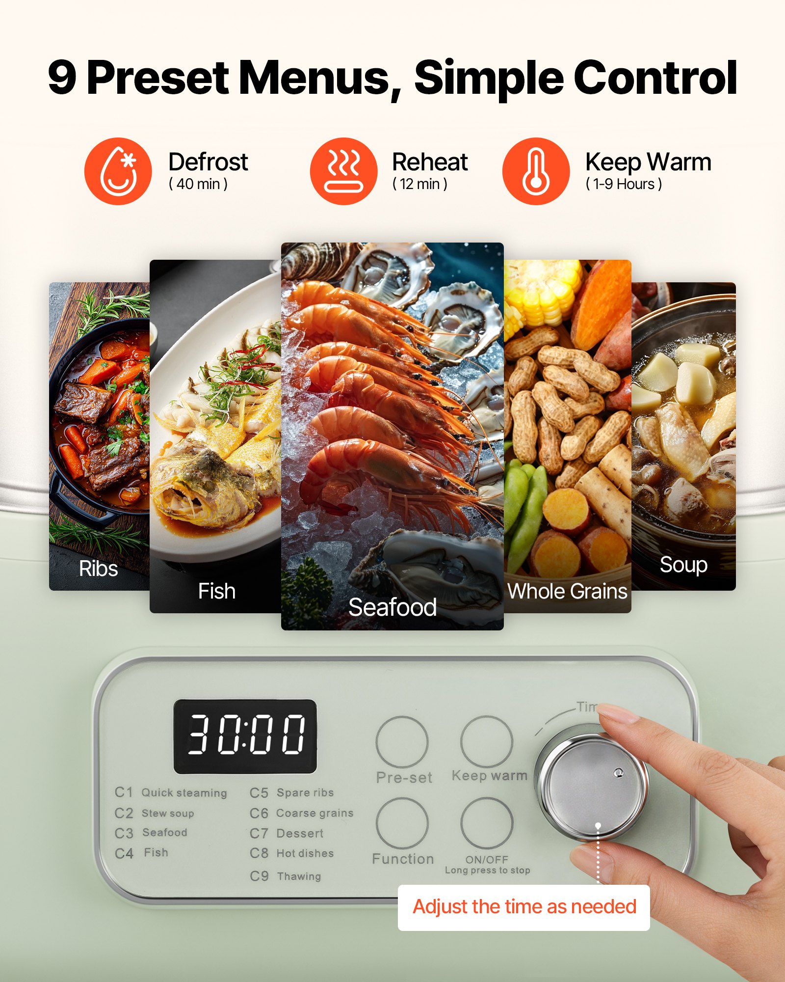 VEVOR Vaporiera Elettrica 2 Ripiano Acciaio Inox 1500W Verdure Pesce Riso, Cottura a Vapore per Alimenti, 9 Programmi Preimpostati 13 Litri, Vaporiera Funzione Mantenimento in Caldo, Colore Verde