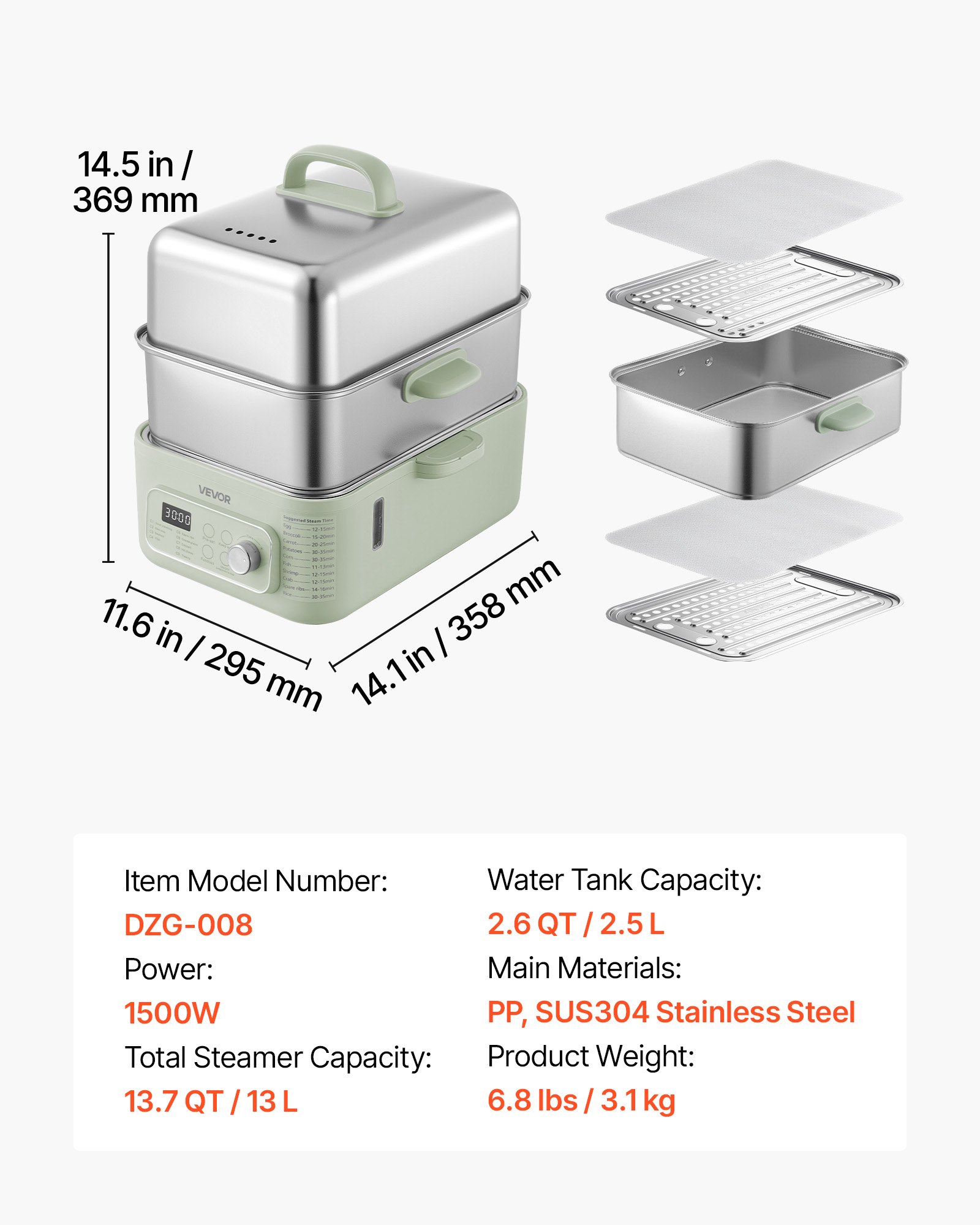 VEVOR Vaporiera Elettrica 2 Ripiano Acciaio Inox 1500W Verdure Pesce Riso, Cottura a Vapore per Alimenti, 9 Programmi Preimpostati 13 Litri, Vaporiera Funzione Mantenimento in Caldo, Colore Verde