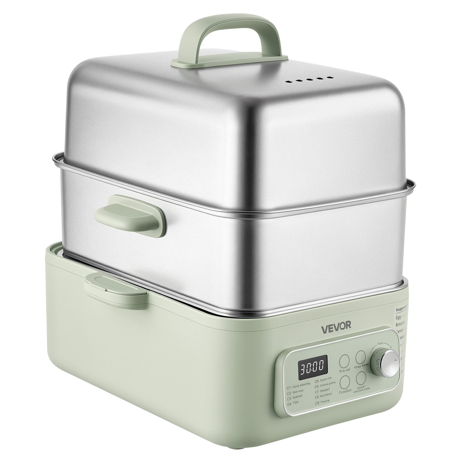 VEVOR Vaporiera Elettrica 2 Ripiano Acciaio Inox 1500W Verdure Pesce Riso, Cottura a Vapore per Alimenti, 9 Programmi Preimpostati 13 Litri, Vaporiera Funzione Mantenimento in Caldo, Colore Verde