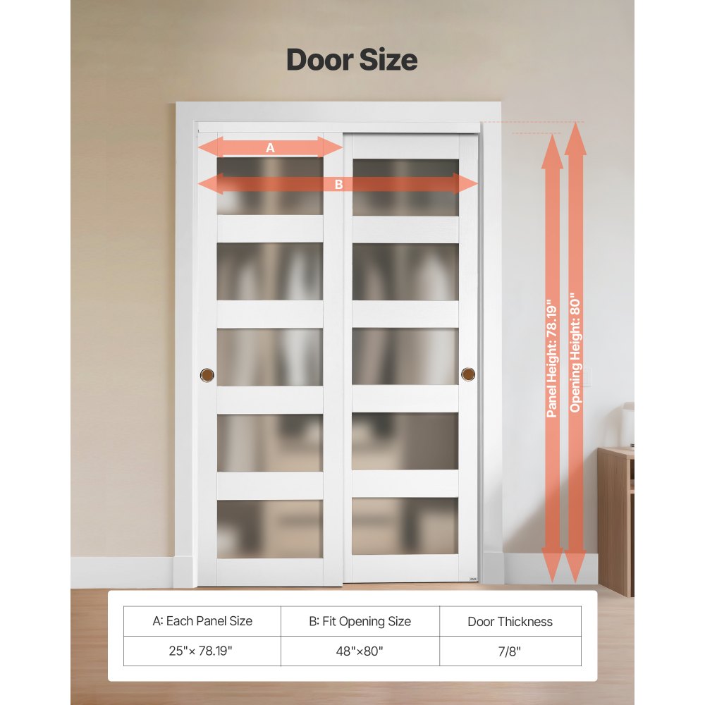 VEVOR Porta Scorrevole per Armadio, 1219 mm x 2032 mm, in Vetro Smerigliato a 5 Livelli con Kit Ferramenta, Lastra in Legno Massello e MDF con Superficie Impermeabile per Armadi Camere da Letto