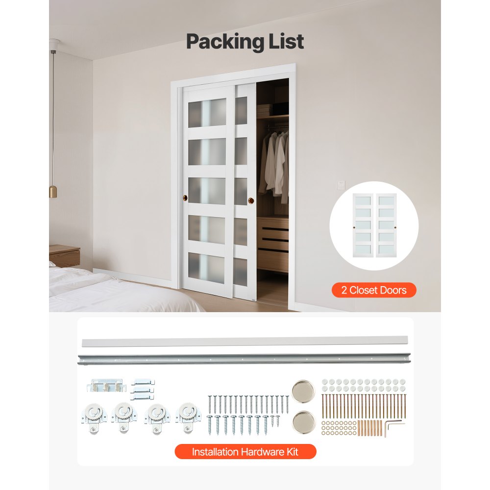 VEVOR Porta Scorrevole per Armadio, 1219 mm x 2032 mm, in Vetro Smerigliato a 5 Livelli con Kit Ferramenta, Lastra in Legno Massello e MDF con Superficie Impermeabile per Armadi Camere da Letto