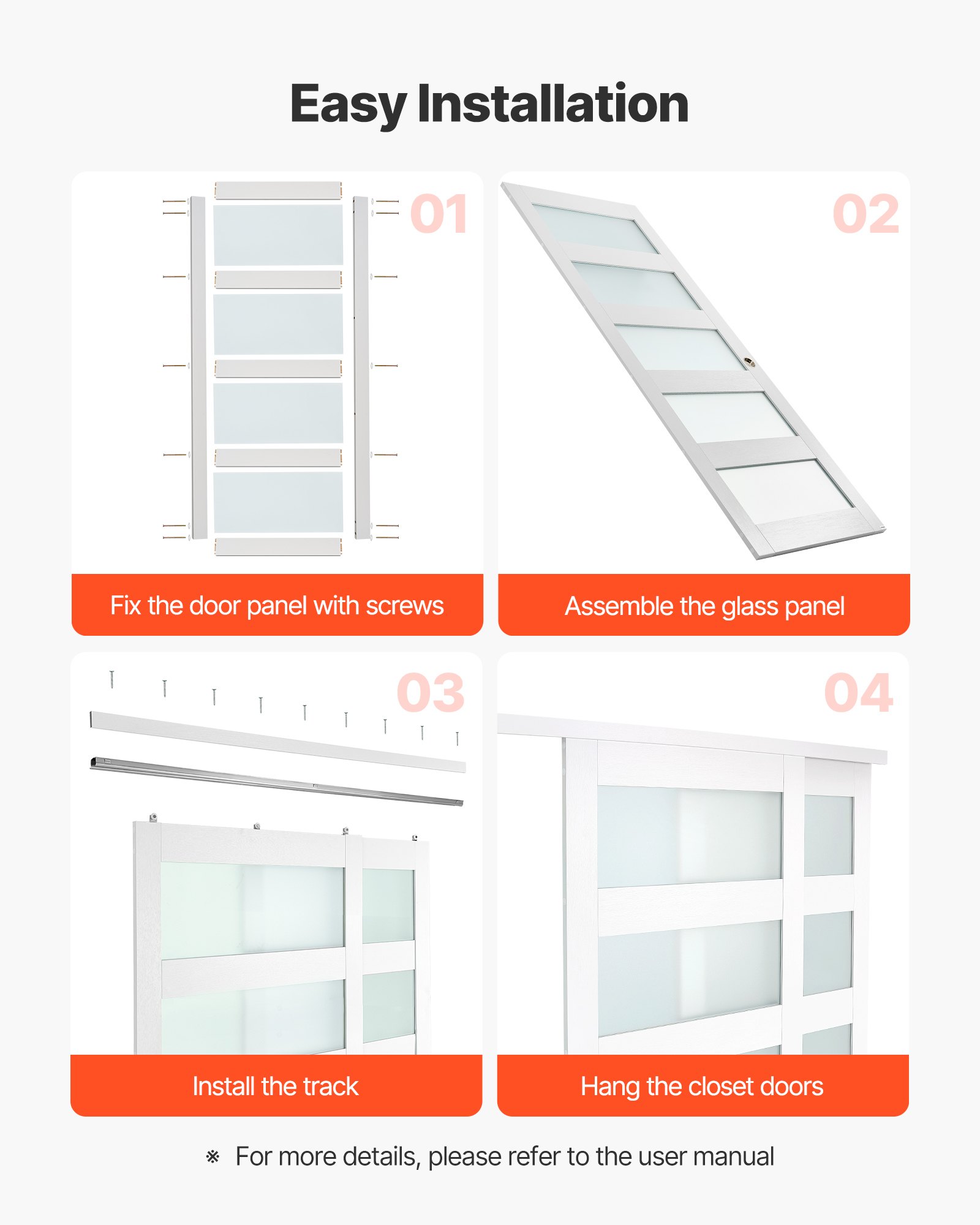 VEVOR Porta Scorrevole per Armadio, 1524 mm x 2032 mm, in Vetro Smerigliato a 5 Livelli con Kit Ferramenta, Lastra in Legno Massello e MDF con Superficie Impermeabile per Armadi Camere da Letto