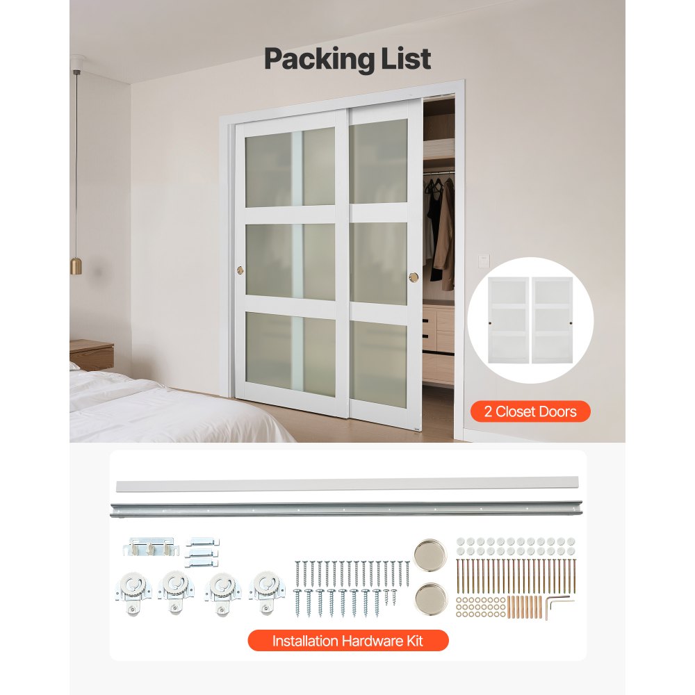 VEVOR Porta Scorrevole per Armadio, 1829 mm x 2032 mm, in Vetro Smerigliato a 5 Livelli con Kit Ferramenta, Lastra in Legno Massello e MDF con Superficie Impermeabile per Armadi Camere da Letto