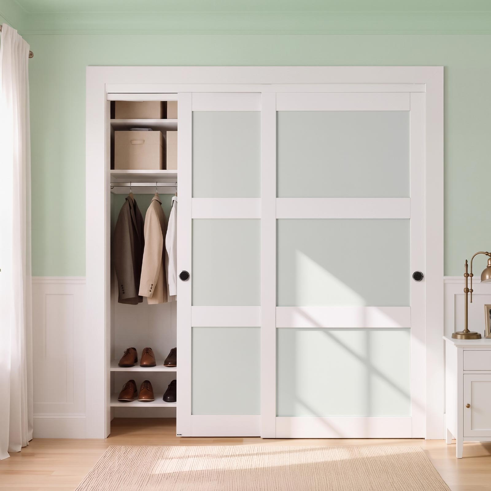 VEVOR Porta Scorrevole per Armadio, 1829 mm x 2032 mm, in Vetro Smerigliato a 5 Livelli con Kit Ferramenta, Lastra in Legno Massello e MDF con Superficie Impermeabile per Armadi Camere da Letto
