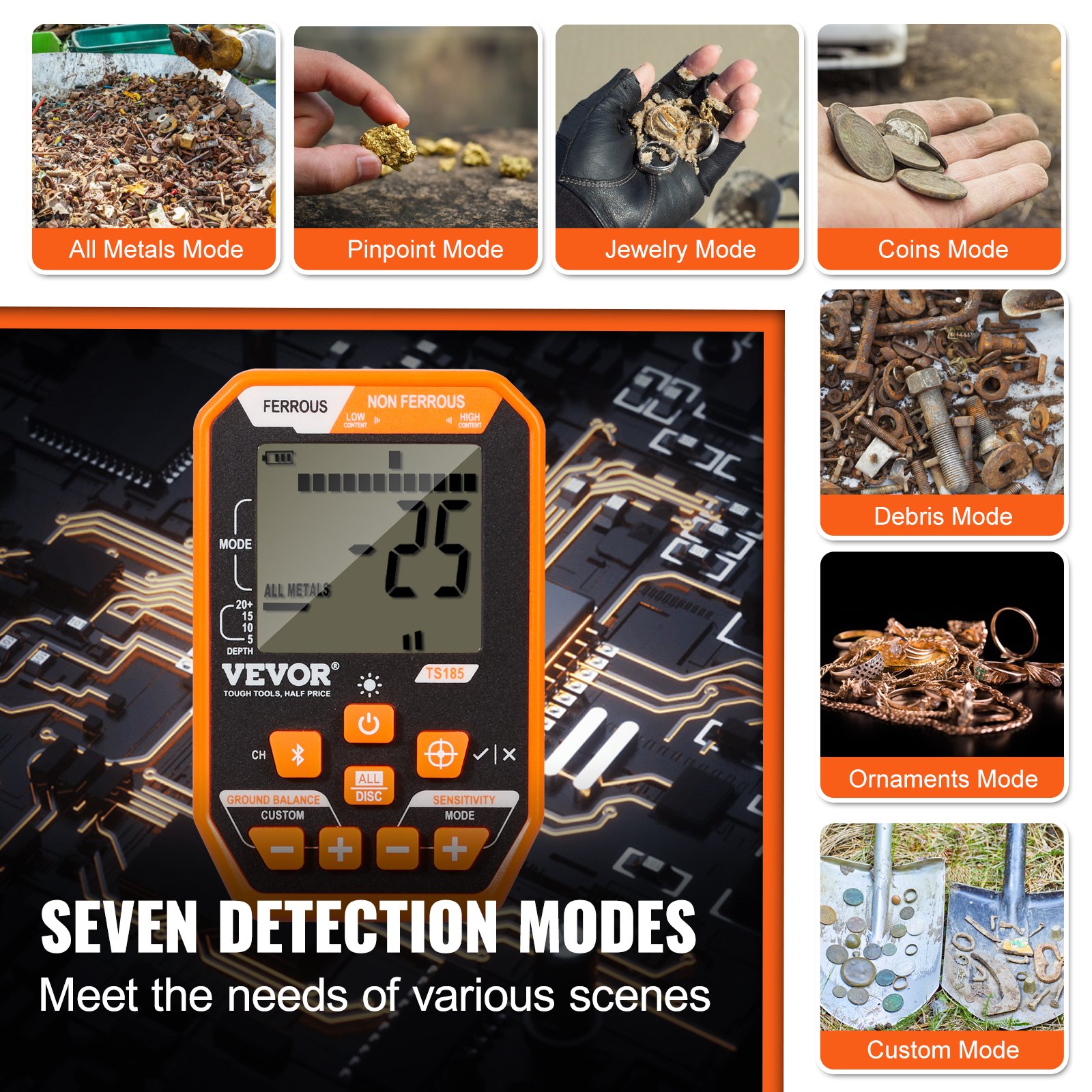 VEVOR Professional Metal Detector, 7 Modes, 30cm Search Coil, IP68 Waterproof, Up to 3m Depth, Gold Detector with Adjustable Handle, Includes Bluetooth Headset, Precision Locator