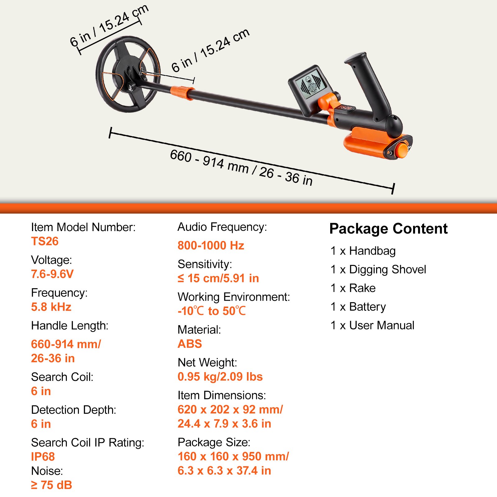 VEVOR Rilevatore per Metalli Sottoterra Bobina Diametro 15,2cm per Bambini 7,6-9,6 V Lunghezza Asta Regolabile tra 66-91cm, Metal Detector per Bambini Bobina IP68 Temperatura -10℃-50℃ Frequenza 5,8kHz