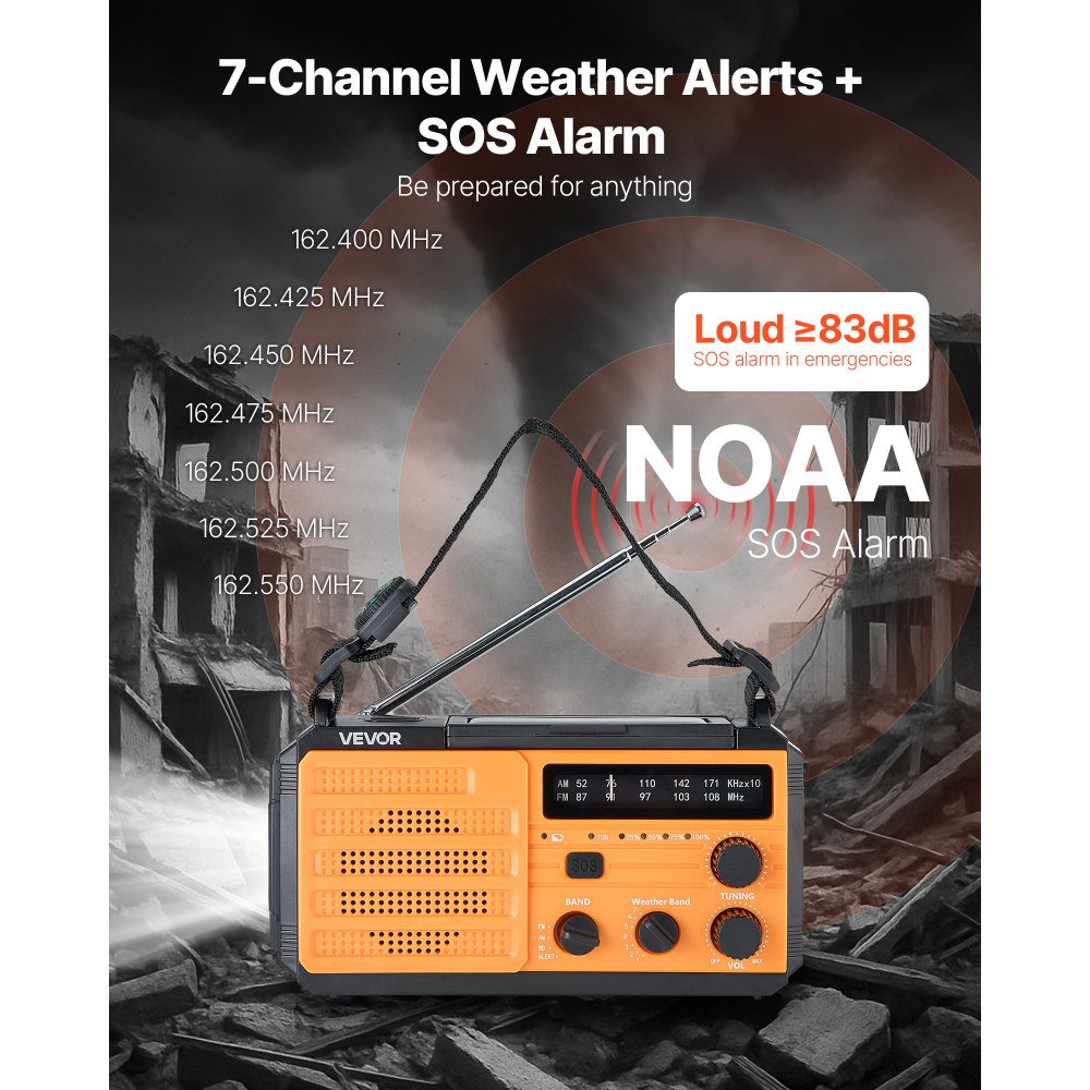 VEVOR Radio Meteorologica di Emergenza, Batteria da 8000 mAh, Radio di Emergenza a Manovella Solare con Avviso, Ricarica di Tipo C, Cavo USB, Allarme SOS e Torcia, per Emergenze all'Aperto