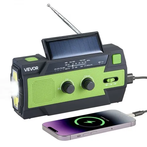 VEVOR Radio Meteorologica di Emergenza, Batteria da 4000 mAh, Radio di Emergenza a Manovella Solare con Avviso FM/AM/WB/NOAA, con Cavo di Ricarica USB, Allarme SOS e Torcia, per Emergenze all'Aperto