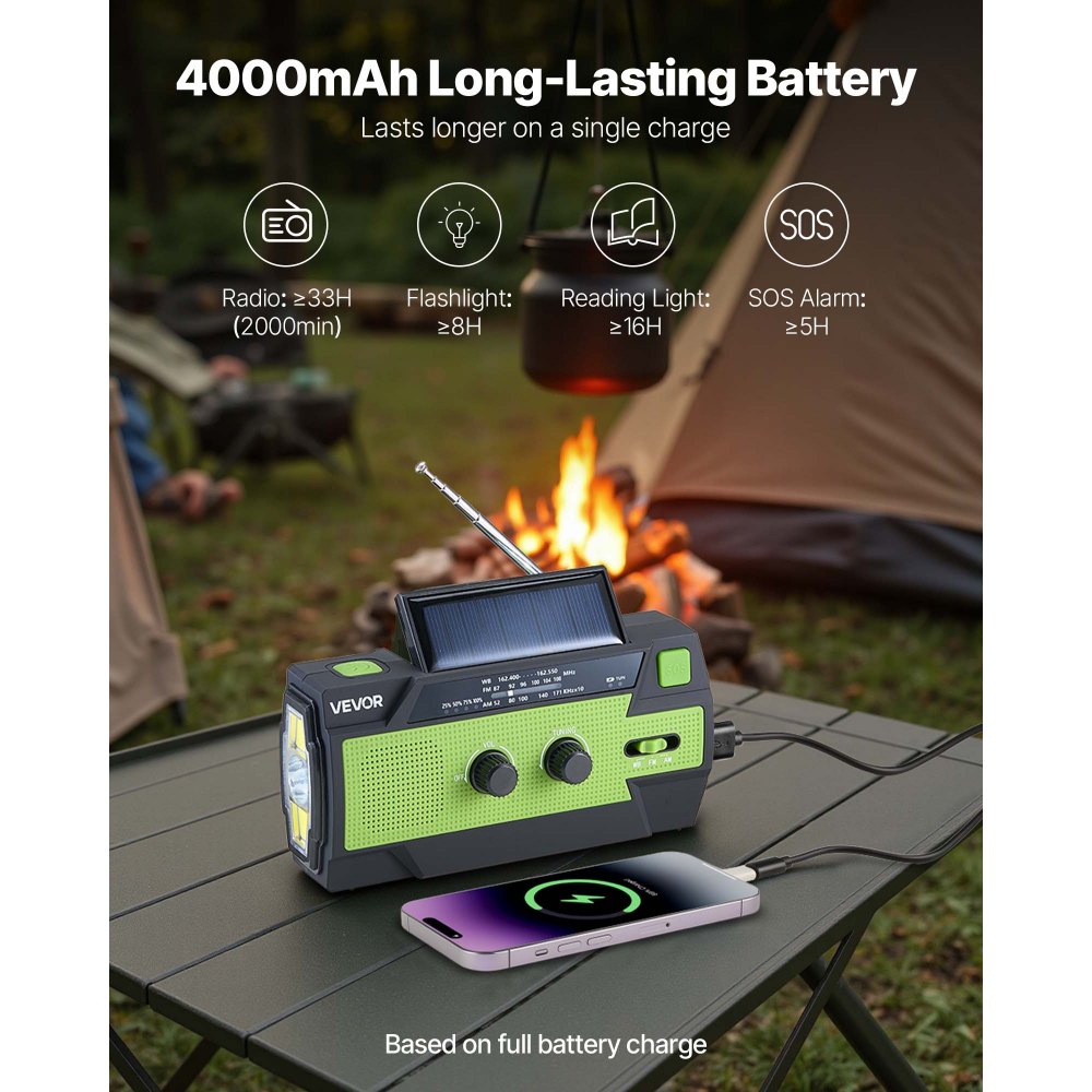 VEVOR Radio Meteorologica di Emergenza, Batteria da 4000 mAh, Radio di Emergenza a Manovella Solare con Avviso FM/AM/WB/NOAA, con Cavo di Ricarica USB, Allarme SOS e Torcia, per Emergenze all'Aperto