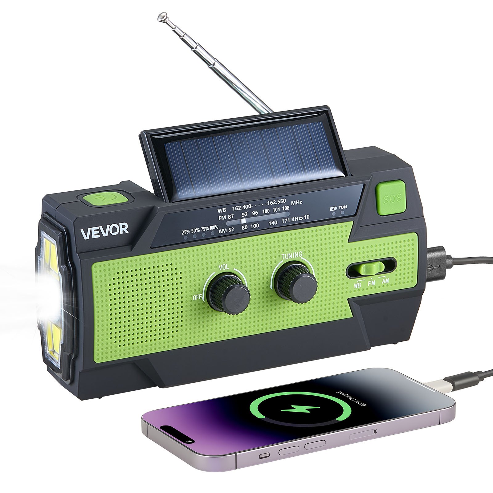 VEVOR Radio Meteorologica di Emergenza, Batteria da 4000 mAh, Radio di Emergenza a Manovella Solare con Avviso FM/AM/WB/NOAA, con Cavo di Ricarica USB, Allarme SOS e Torcia, per Emergenze all'Aperto