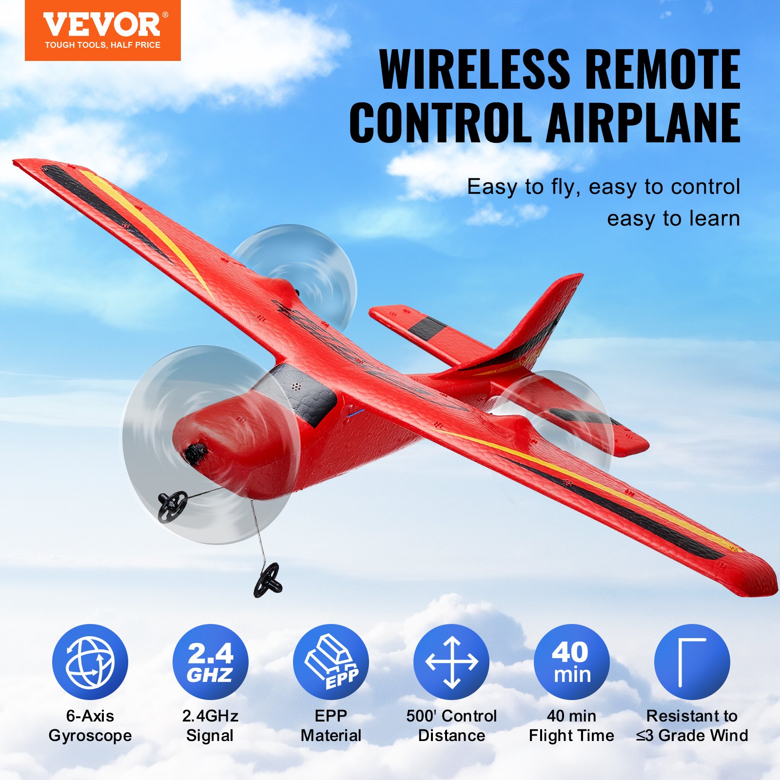 VEVOR RC airplane, 2.4 GHz 2-channel remote control airplane with 6-axis gyro stabilizer, ready-to-fly toy airplane with 2 batteries, easy-to-fly RC glider for adults, children, beginners, boys and girls